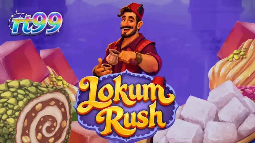 Tampilan visual slot Lokum Rush dengan tema toko permen Turki yang penuh warna.